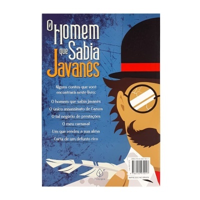 Capa traseira de livro azul com título e lista de contos com ilustração de homem com chapéu e bigode