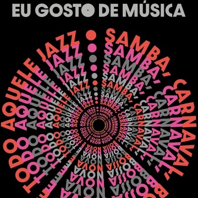 Capa de livro com texto e espiral de palavras relacionadas à música em várias cores sobre fundo preto.