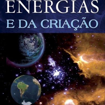Capa do livro Livro das Energias e da Criação com imagens espaciais e texto em português.