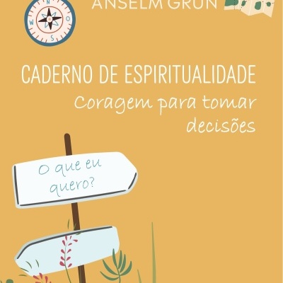 Capa de livro amarelo com bússola, mapa e sinais de madeira e texto em português.