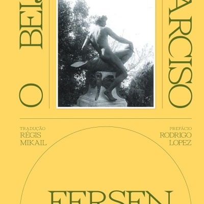 Capa amarela de livro com título verde e imagem a preto e branco de escultura masculina nua