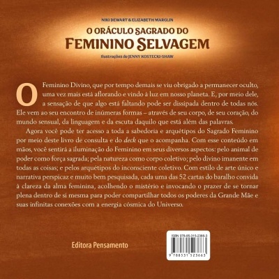 Capa traseira de livro com texto em português e título O ORÁCULO SAGRADO DO FEMININO SELVAGEM
