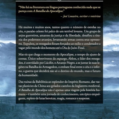 Contracapa de livro com texto em português e ilustração escura