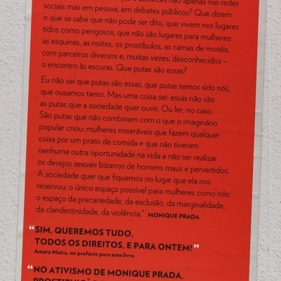 Verso de livro com texto em português sobre direitos das mulheres, prostituição e feminismo em fundo vermelho
