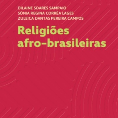 Capa de livro vermelho com texto amarelo e branco sobre religiões afro-brasileiras