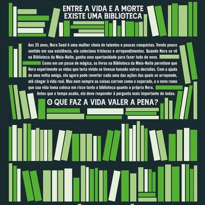 Capa de livro com ilustrações de livros em verde e branco e texto em português centralizado