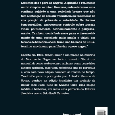 Contracapa de livro com texto em português, fundo azul escuro e logos das editoras e código de barras