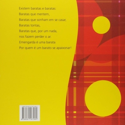 Parte de trás de um livro amarelo e vermelho com texto e código de barras