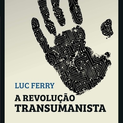 Capa de livro com uma mão digital preta de circuito eletrônico e texto sobre transumanismo