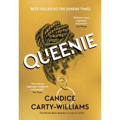 Capa do livro Queenie com ilustração de cabelo trançado e texto em amarelo e preto