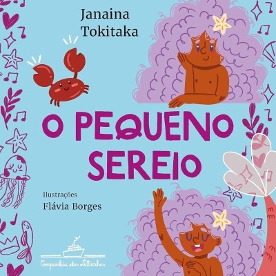 Capa do livro infantil O Pequeno Sereio com ilustração de sereia, caranguejo e desenhos coloridos