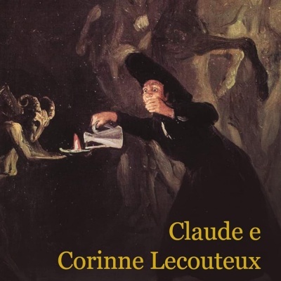 Capa de livro com ilustração de figura humana rodeada por demónios e cavalos, texto sobreposto em amarelo e roxo