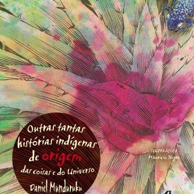 Capa de livro com ilustração colorida abstrata e texto em português sobre histórias indígenas.