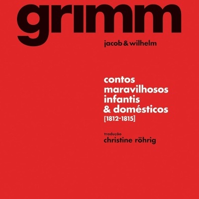 Capa de livro vermelha com texto preto e branco de contos de Grimm.