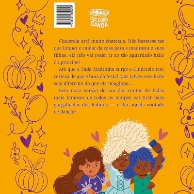 Capa traseira laranja de livro com texto em português e ilustrações coloridas de três personagens femininas e desenhos decorativos roxos