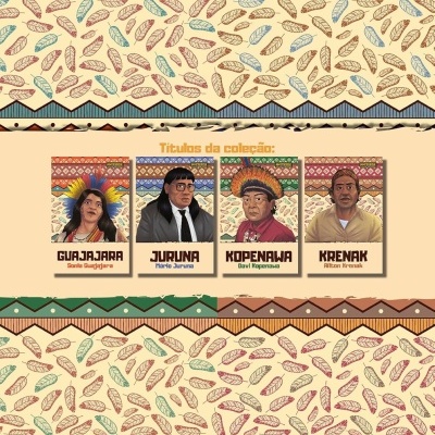 Capa traseira de coleção Kariri Mini com padrões tribais e ilustrações de quatro personagens indígenas.