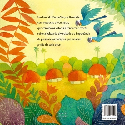 Capa traseira de livro ilustrada com folhas, casas e pássaros, texto em português