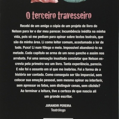Contracapa do livro O terceiro travesseiro com texto e três almofadas na parte superior