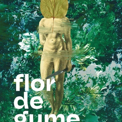 Capa do livro Flor de Gume de Monique Malcher com figura humana, folha, faca e fundo verde