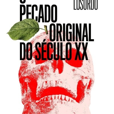 Capa de livro artística com caveira vermelha, folha e texto em preto