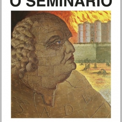 Capa do livro O SEMINÁRIO de Jacques Lacan com ilustração de cabeça esculpida e castelo em chamas.