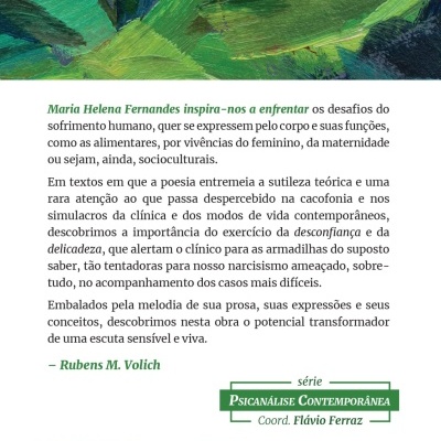 Contracapa de livro com pintura abstrata verde, texto em português, código ISBN, QR code e logótipo Blucher.