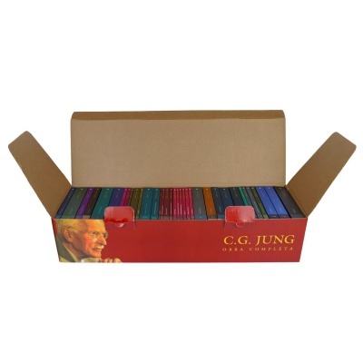 Caixa vermelha com livros coloridos C.G. Jung Obra Completa aberta
