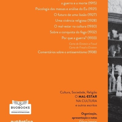 Capa traseira do livro O MAL-ESTAR NA CULTURA com fundo laranja e texto em Português.