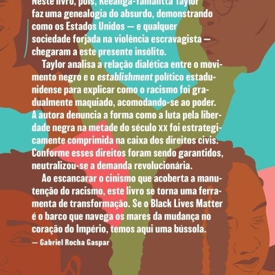 Contracapa de livro com ilustrações de rostos e texto em português