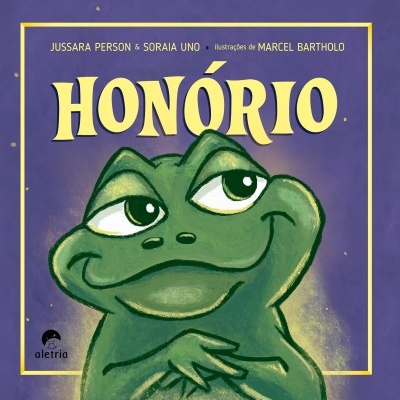 Capa do livro HONÓRIO com ilustração de sapo verde e texto amarelo em fundo roxo