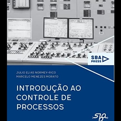 Capa de livro sobre controle de processos com painel industrial e texto