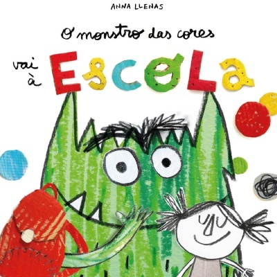 Capa de livro infantil com monstro verde, menina, mochila e texto colorido
