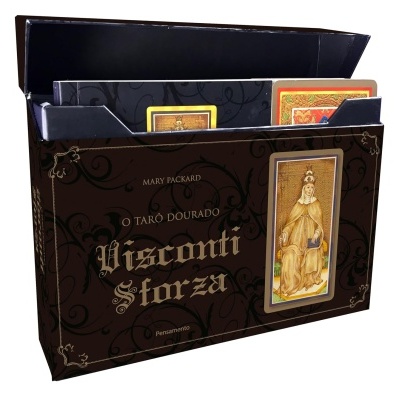 Caixa do baralho de Tarô dourado Visconti Sforza com figura artística de uma mulher em roupas douradas.