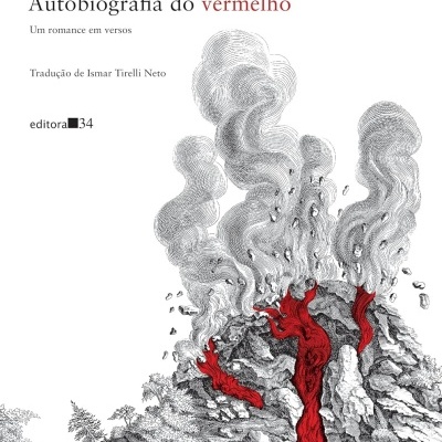 Capa de livro com título e ilustração de vulcão em erupção com lava vermelha.