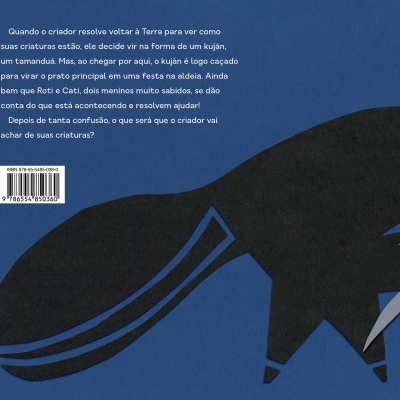 Verso de livro azul com ilustração de tamanduá e texto em português