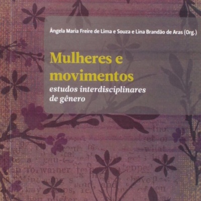 Capa de livro Mulheres e movimentos com padrão floral roxo e texto