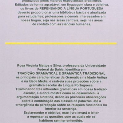 Verso do livro REPENSANDO A LÍNGUA PORTUGUESA com texto explicativo, autor, editora e código ISBN