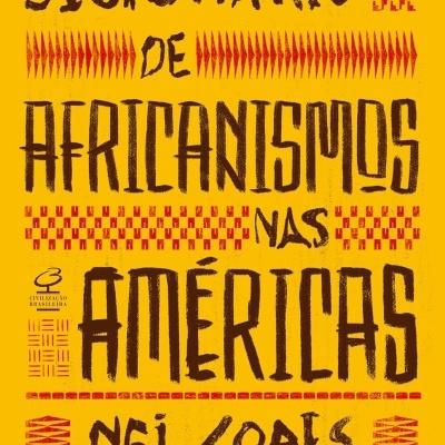 Capa de livro Dicionário de Africanismos nas Américas com padrões e texto em amarelo, preto e vermelho