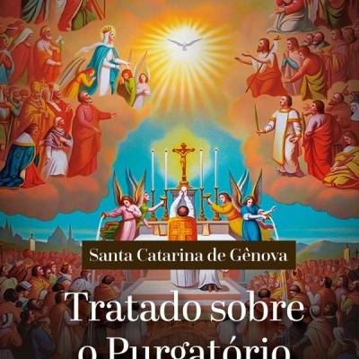 Capa de livro com ilustração religiosa e texto sobre purgatório