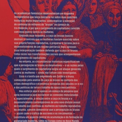Capa traseira de livro com texto em português, ilustração de grupo de pessoas e logos editoriais