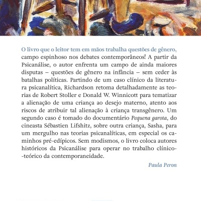 Reverso de livro com texto em português, imagem abstrata, código de barras e QR, e logo Blucher