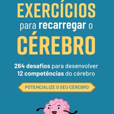 Capa de livro exercícios para recarregar o cérebro com um cérebro a andar de skate e texto em português