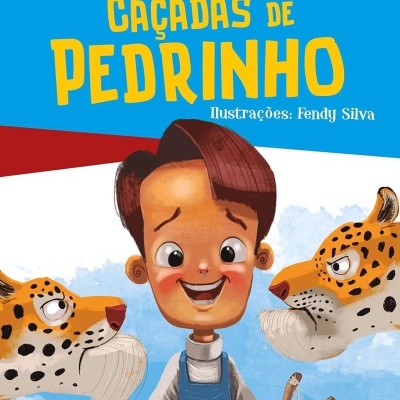 Capa do livro Caçadas de Pedrinho com ilustração de menina e leopardos.