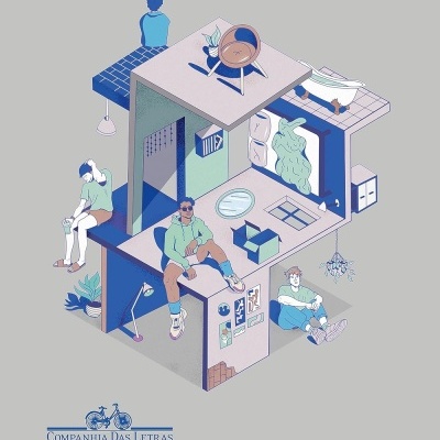 Capa de livro ilustrada com pessoas e mobiliário em construção estilizada em azul e verde