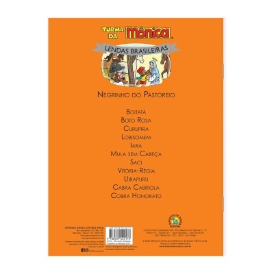 Capa traseira laranja do livro Turma da Mônica Lendas Brasileiras com lista de lendas e ilustração de personagens