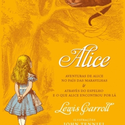 Capa do livro Alice com ilustração de Alice e Gato do Cheshire, texto com títulos e autores em amarelo e laranja