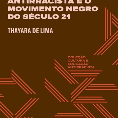 Capa de livro castanho com texto rosa e padrão geométrico vermelho