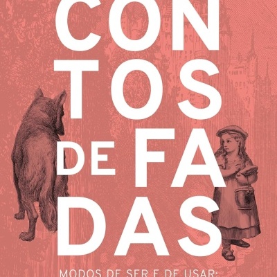 Capa de livro com título Contos de Fadas, autor Katia Canton, fundo cor de rosa, ilustração de lobo e menina.