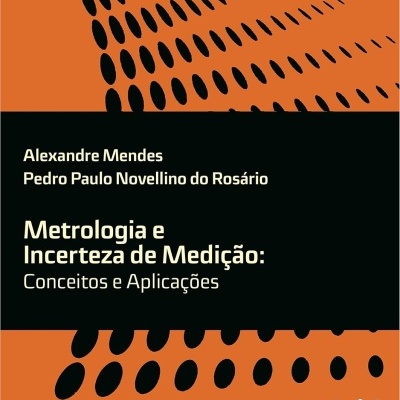 Capa de livro Metrologia e Incerteza de Medição com padrões ovais pretos em fundo laranja