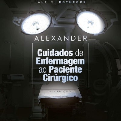 Capa de livro com luzes cirúrgicas e texto sobre cuidados de enfermagem a paciente cirúrgico